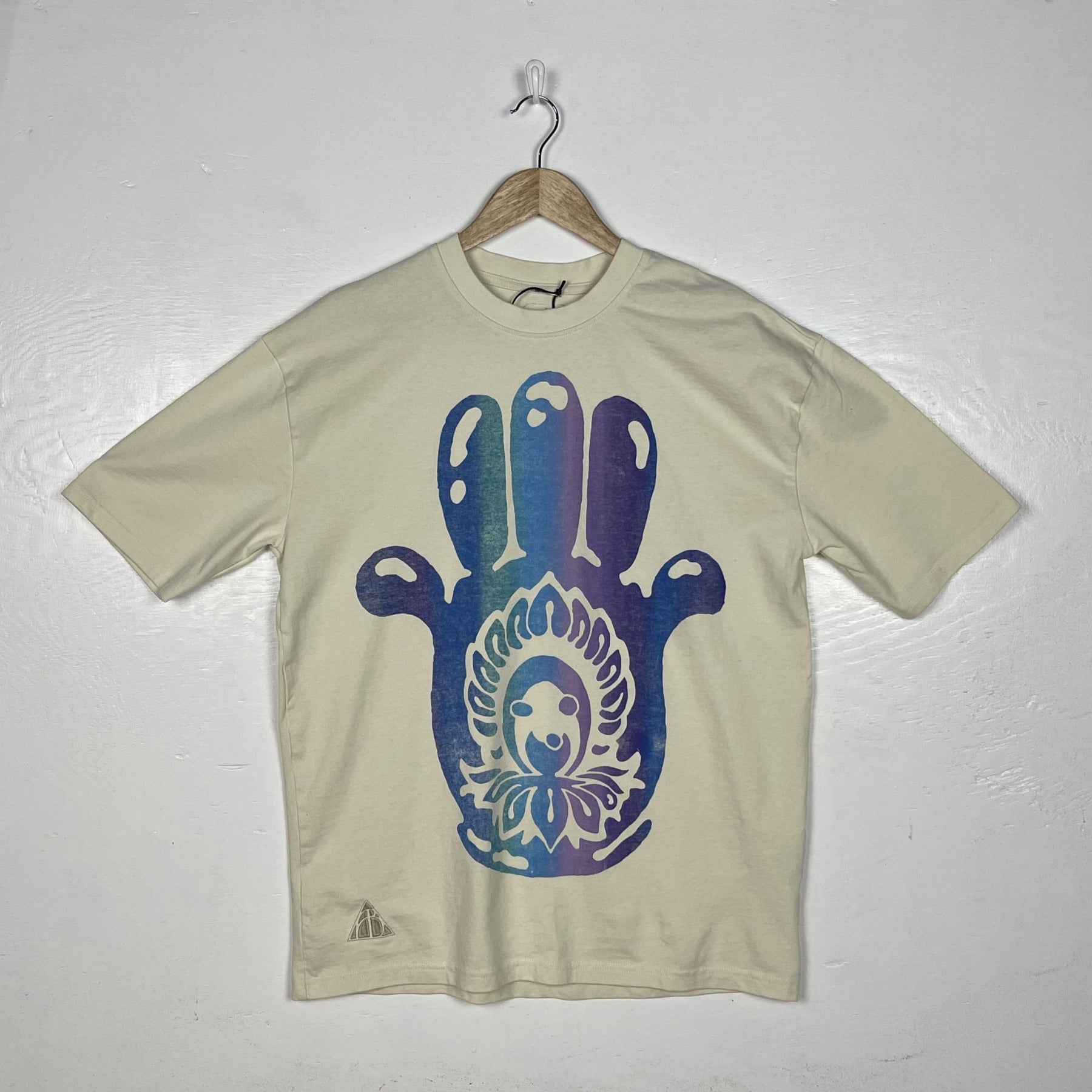 Hamsa Hand Tee - Natural with Purple & Blue Split (Small)