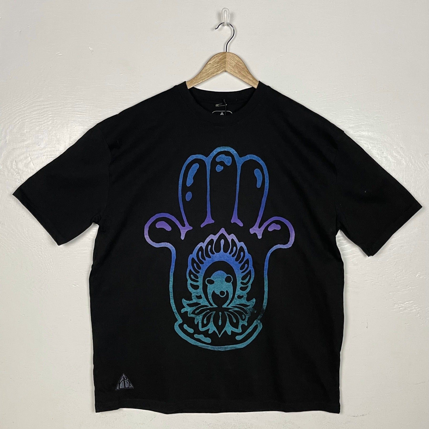 Hamsa Hand Tee - Black with Purple & Blue Split (X-Large)