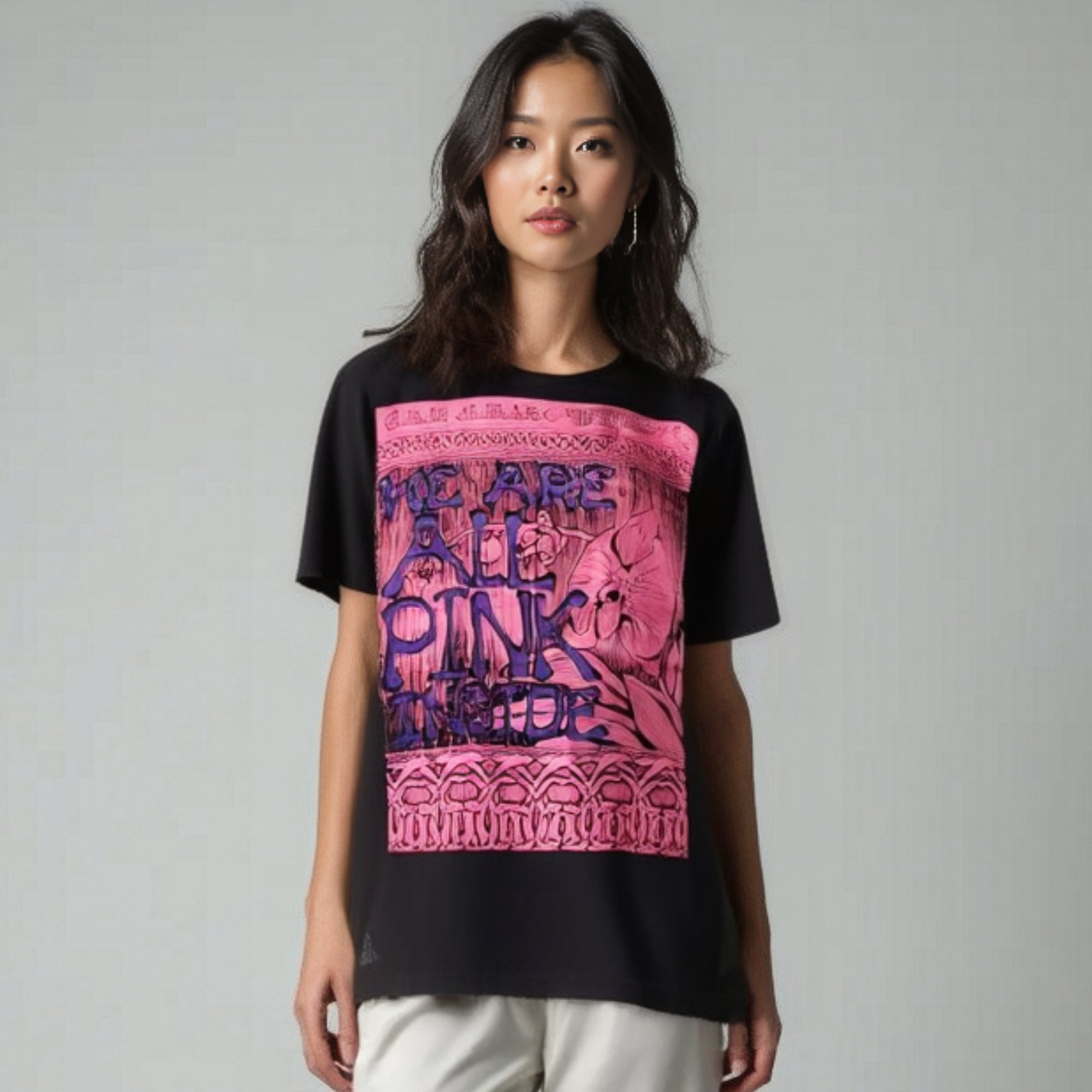 We Are All Pink Inside Tee - Black with Pink & Purple Print (Large)
