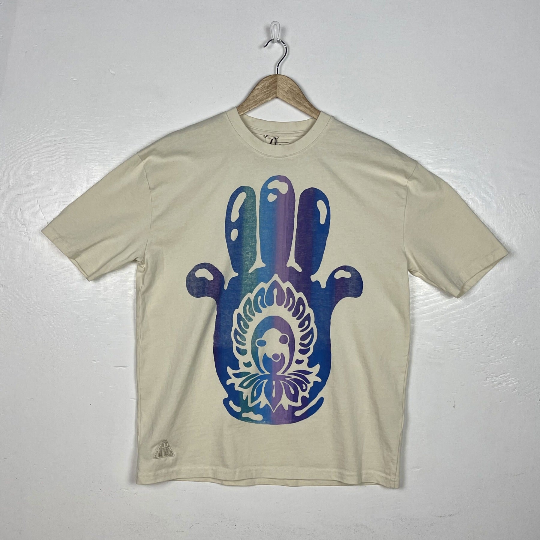 Hamsa Hand Tee - Natural with Purple & Blue Split (Medium)