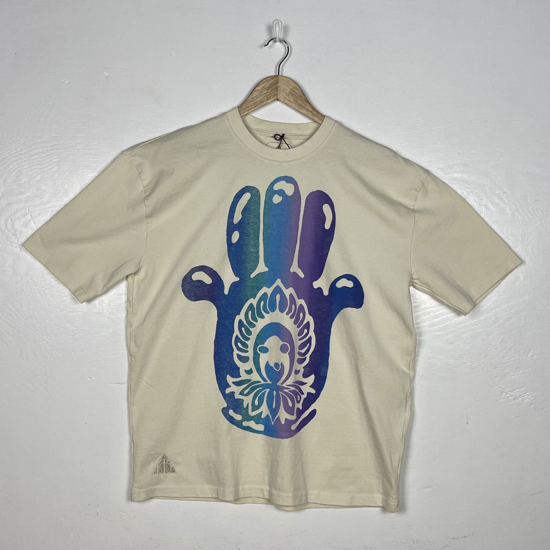 Hamsa Hand Tee - Natural with Purple & Blue Split (Medium)