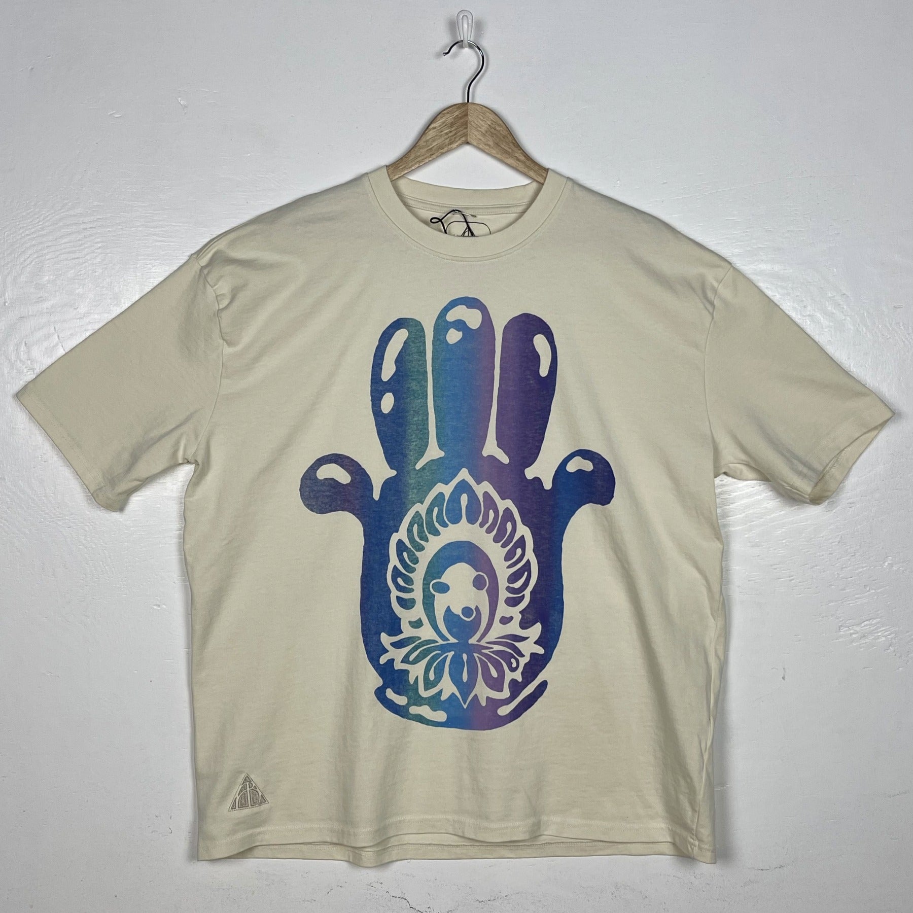 Hamsa Hand Tee - Natural with Purple & Blue Split (Large)