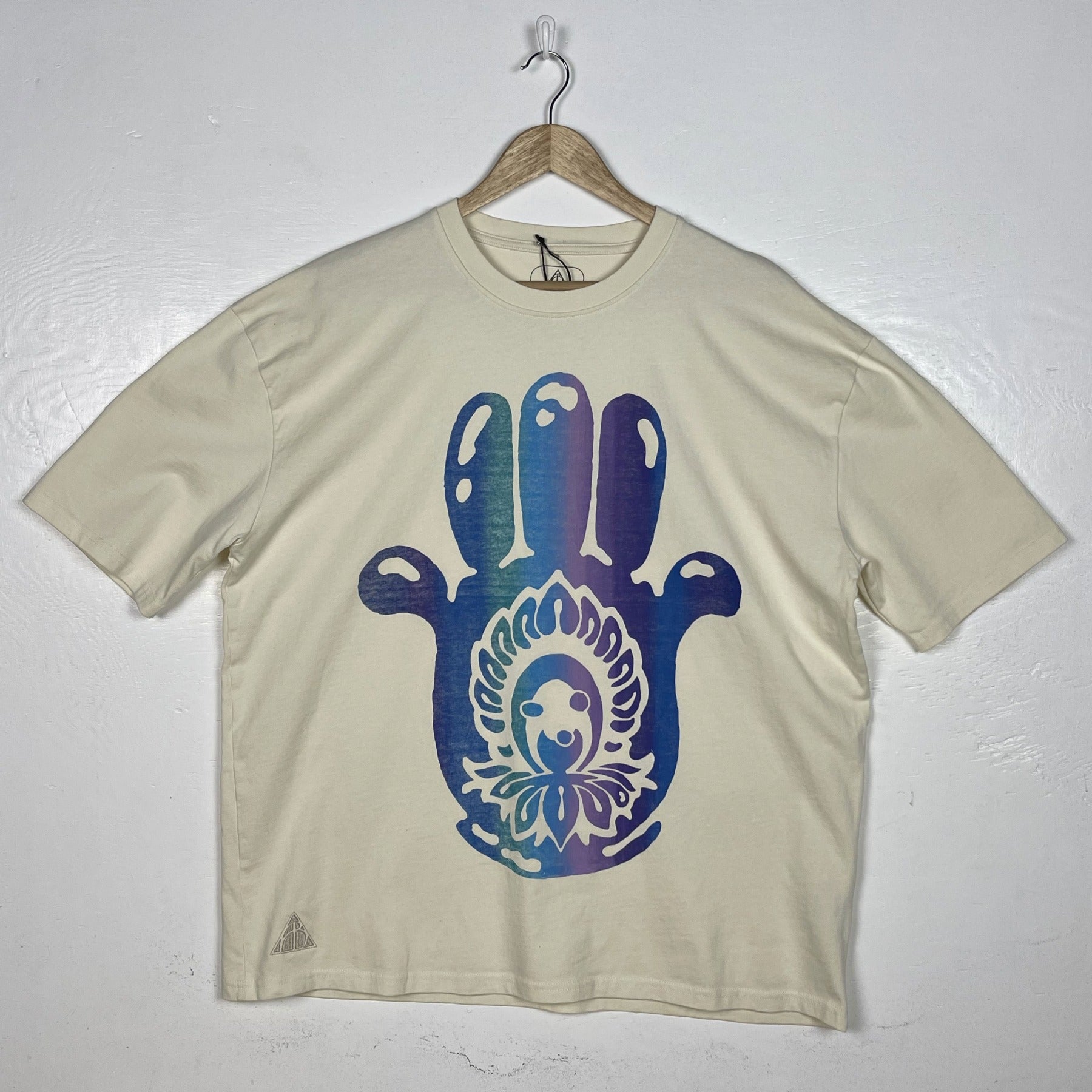 Hamsa Hand Tee - Natural with Purple & Blue Split (Large)