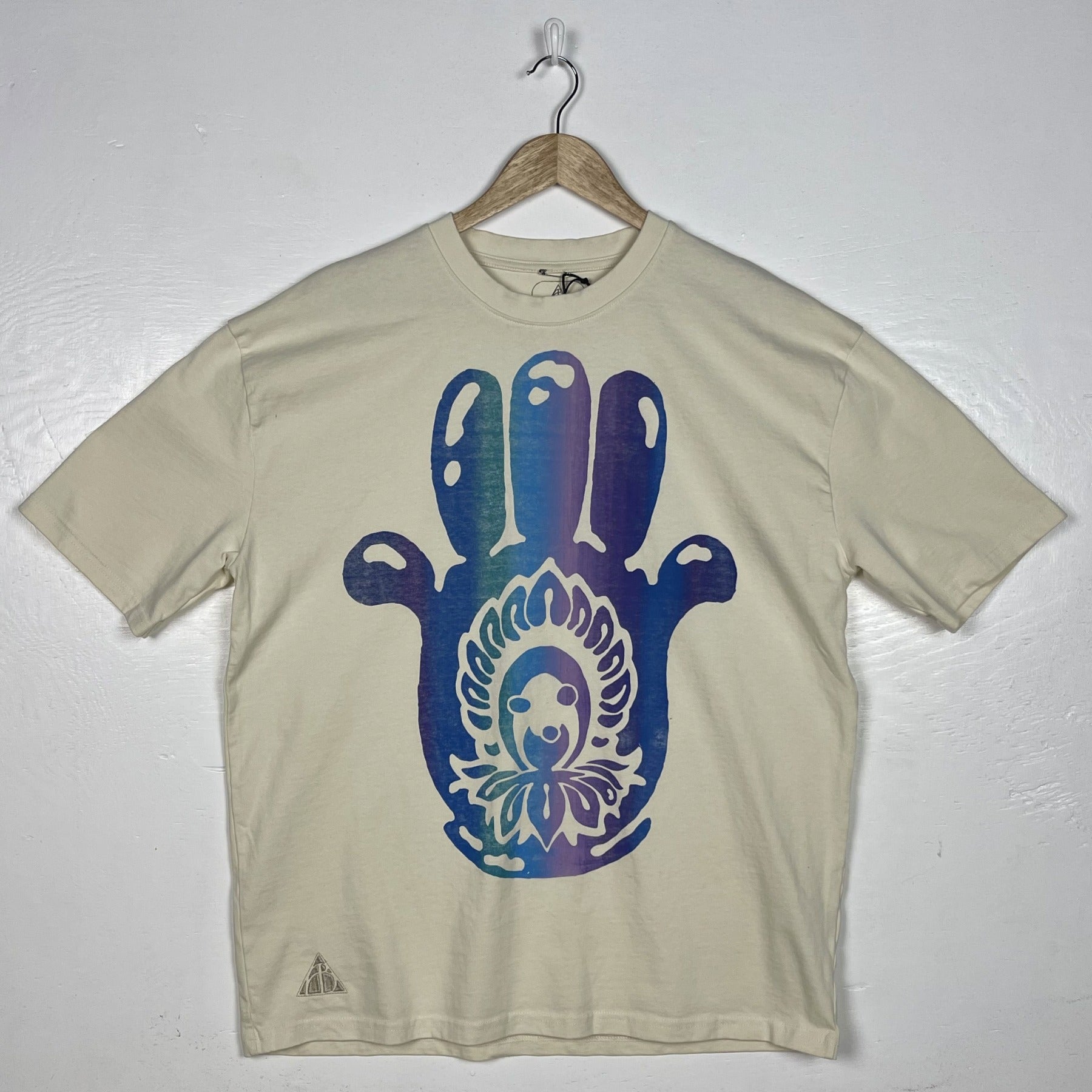 Hamsa Hand Tee - Natural with Purple & Blue Split (Large)