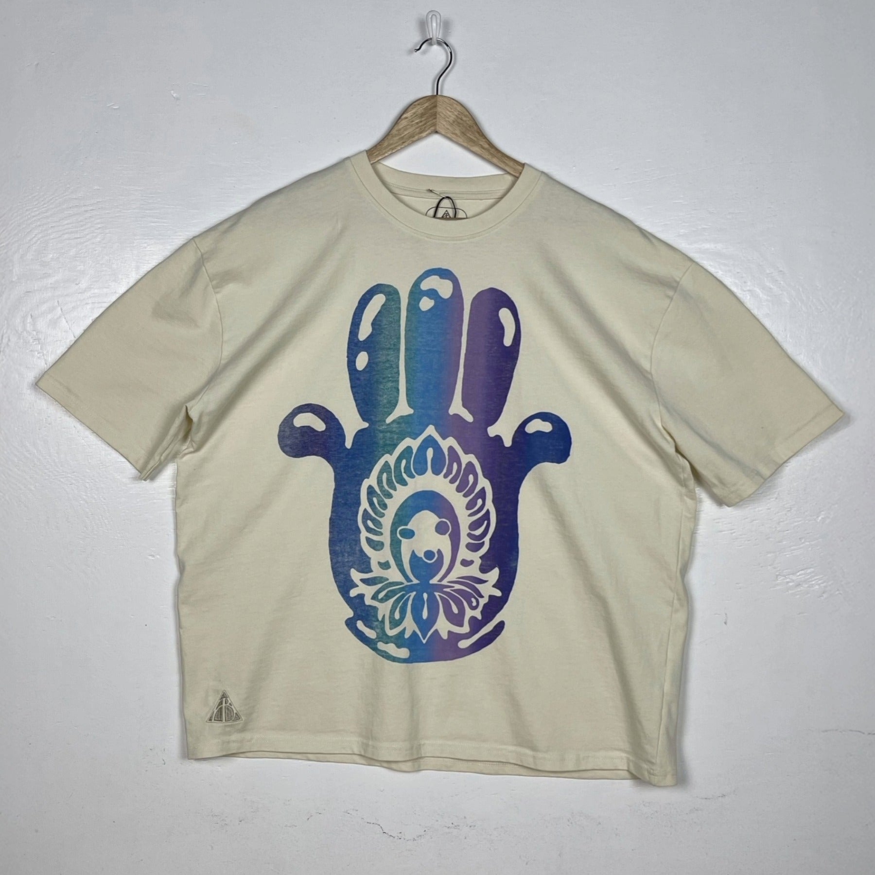 Hamsa Hand Tee - Natural with Purple & Blue Split (Large)
