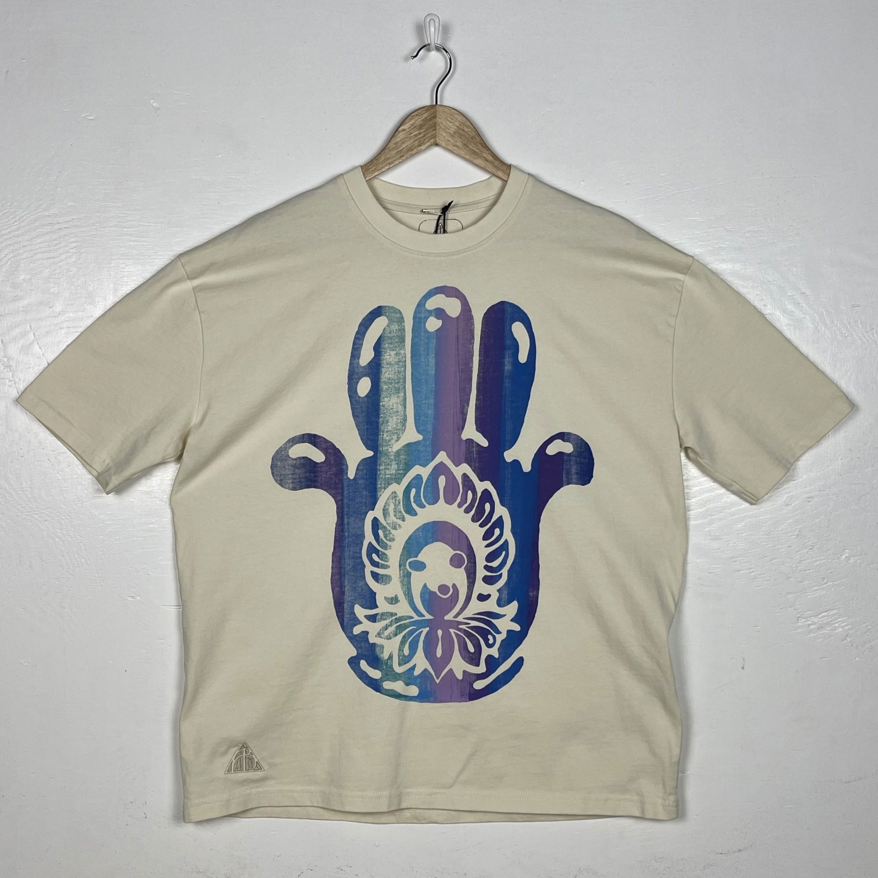 Hamsa Hand Tee - Natural with Purple & Blue Split (X-Large)