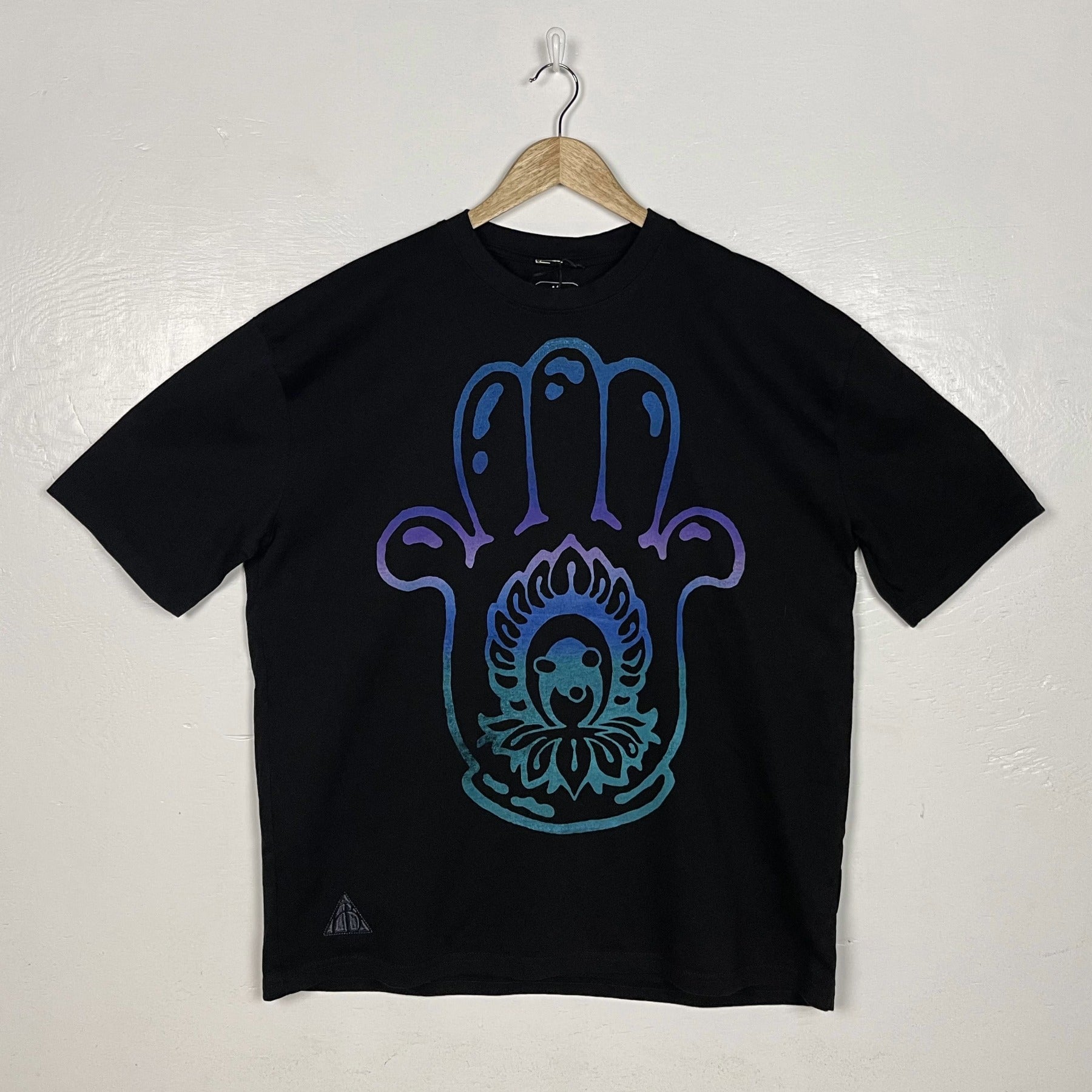 Hamsa Hand Tee - Black with Purple & Blue Split (Large)